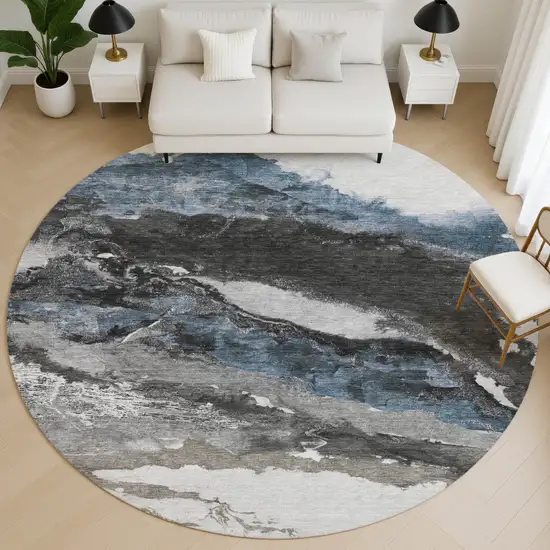 8' Pewter And Ivory Abstract Washable Round Rug With UV Protection Photo 4