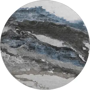 Photo of 8' Pewter And Ivory Abstract Washable Round Rug With UV Protection