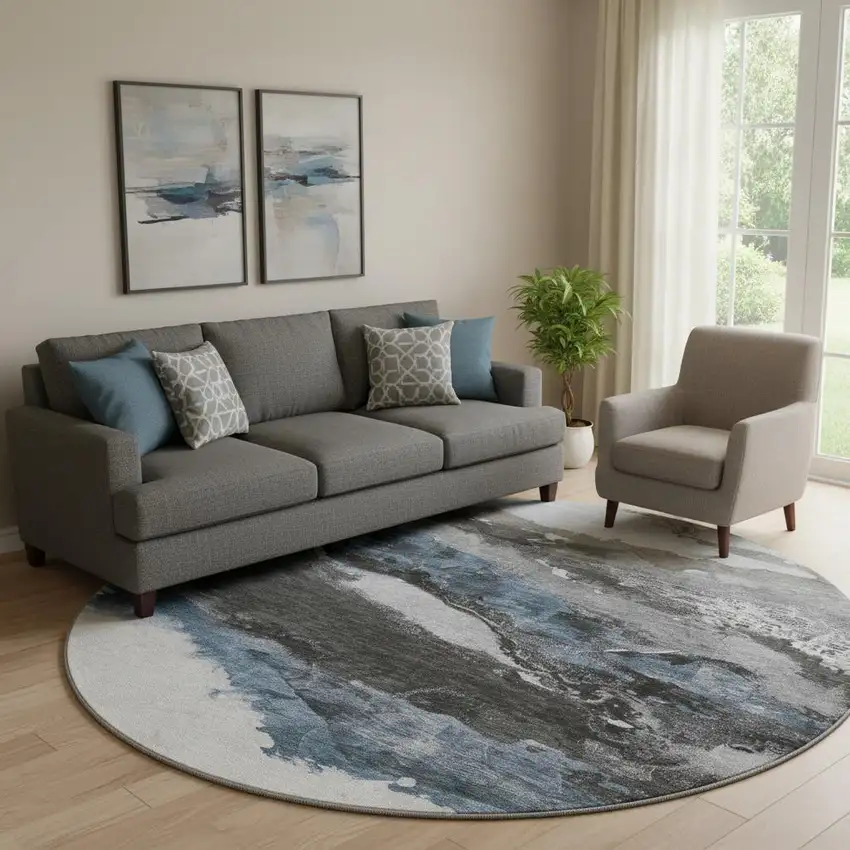 8' Pewter And Ivory Abstract Washable Round Rug With UV Protection Photo 2