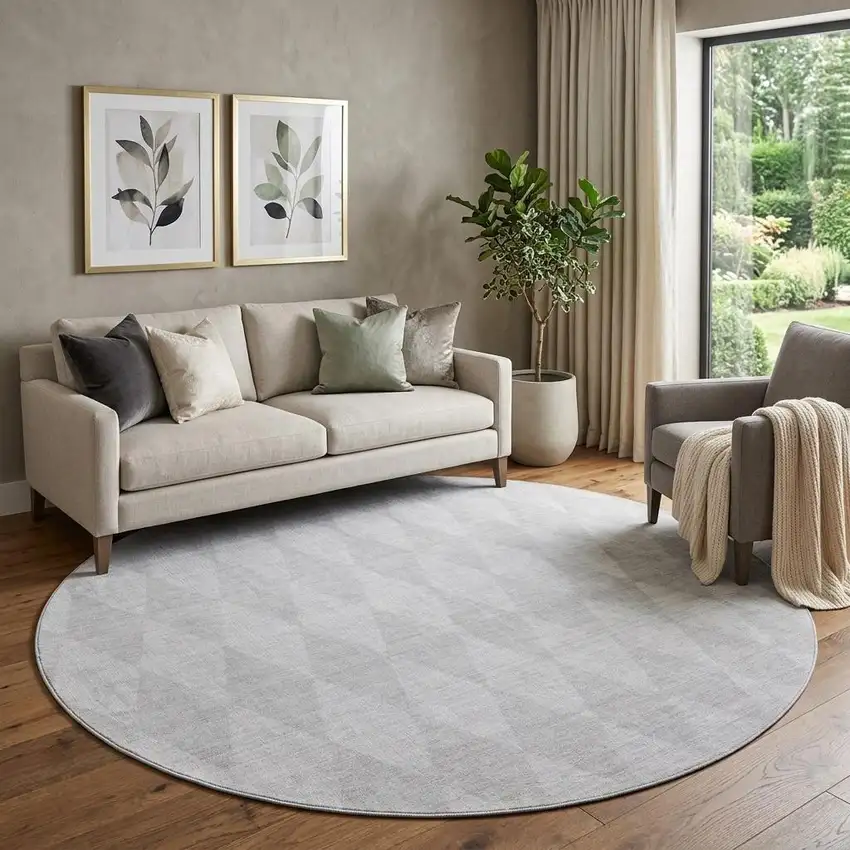 8' Pewter And Ivory Diamond Washable Round Rug With UV Protection Photo 1