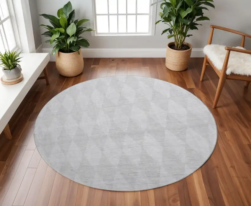 8' Pewter And Ivory Diamond Washable Round Rug With UV Protection Photo 2
