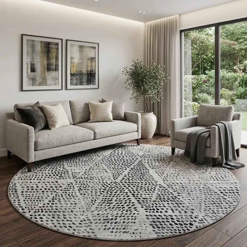 8' Pewter And Ivory Diamond Washable Round Rug With UV Protection Photo 1