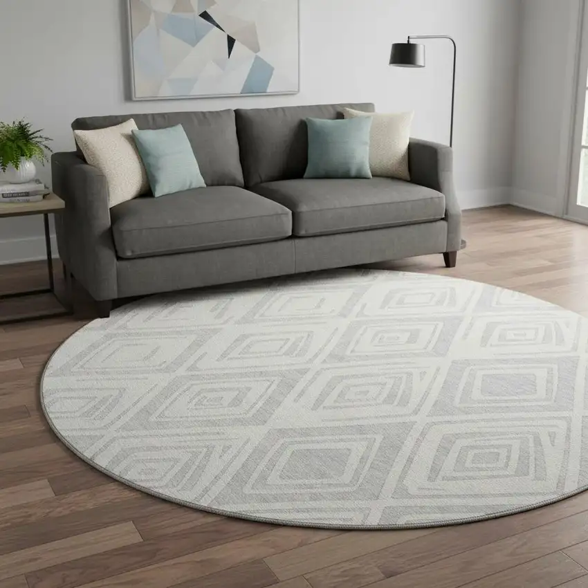 8' Pewter And Ivory Diamond Washable Round Rug With UV Protection Photo 2
