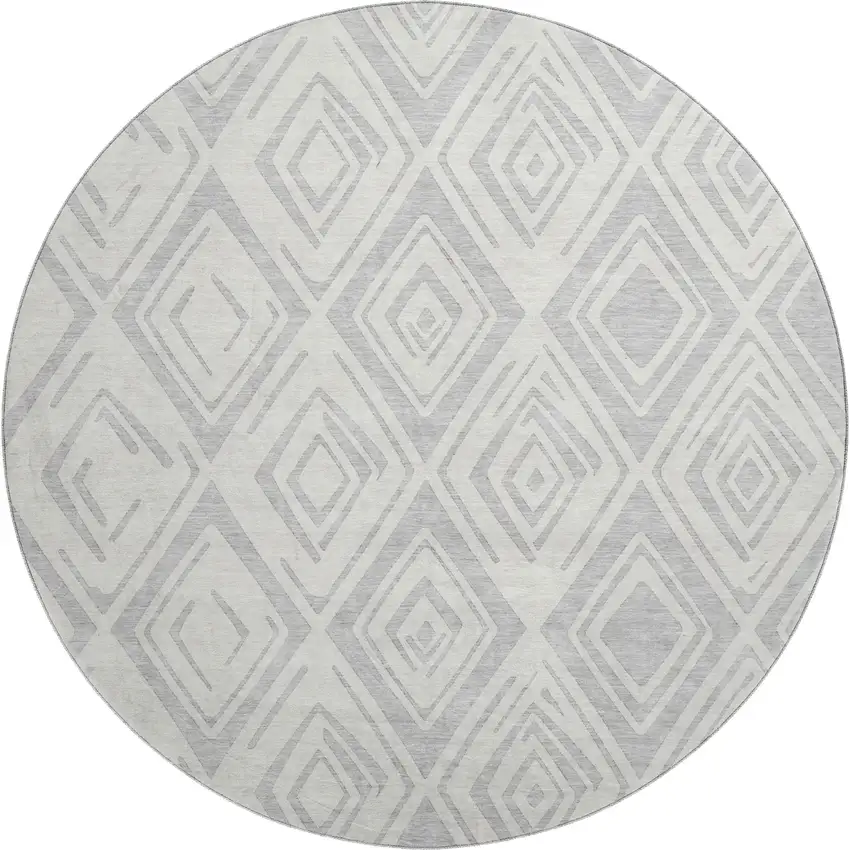 8' Pewter And Ivory Diamond Washable Round Rug With UV Protection Photo 1