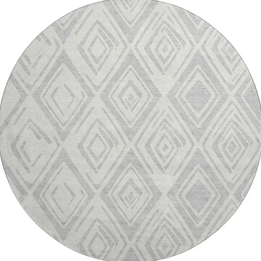 8' Pewter And Ivory Diamond Washable Round Rug With UV Protection Photo 4