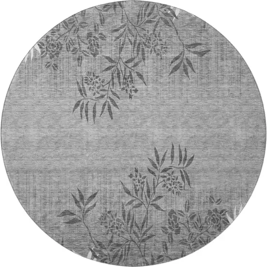 8' Pewter And Ivory Floral Washable Round Rug With UV Protection Photo 4