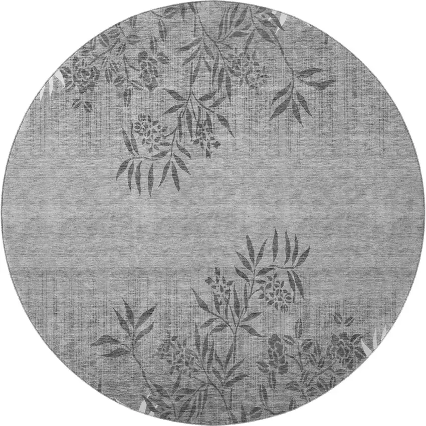 8' Pewter And Ivory Floral Washable Round Rug With UV Protection Photo 4