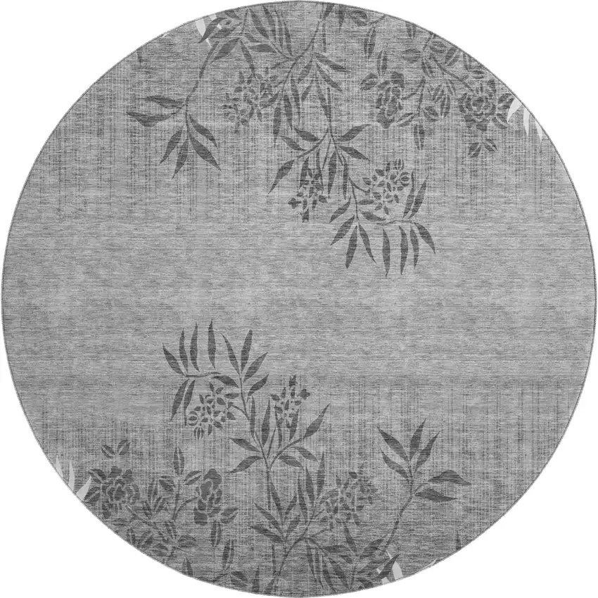 8' Pewter And Ivory Floral Washable Round Rug With UV Protection Photo 1