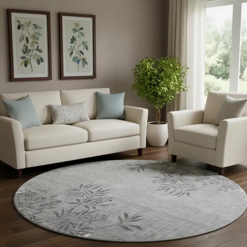 8' Pewter And Ivory Floral Washable Round Rug With UV Protection Photo 1