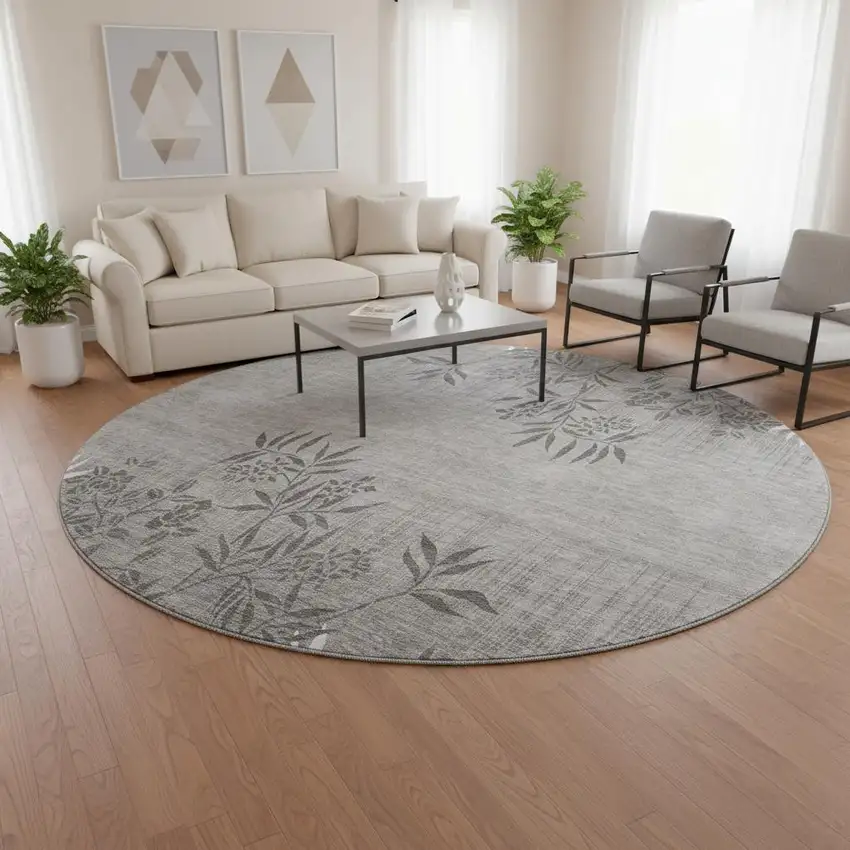 8' Pewter And Ivory Floral Washable Round Rug With UV Protection Photo 2