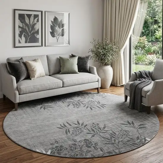 8' Pewter And Ivory Floral Washable Round Rug With UV Protection Photo 1