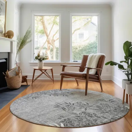 8' Pewter And Ivory Floral Washable Round Rug With UV Protection Photo 5