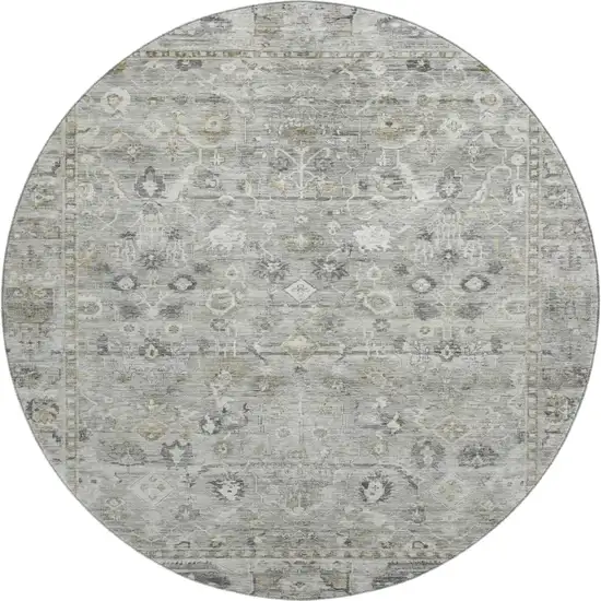 8' Pewter And Ivory Oriental Washable Round Rug With UV Protection Photo 1