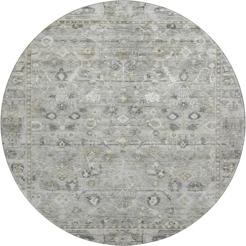 8' Pewter And Ivory Oriental Washable Round Rug With UV Protection Photo 1