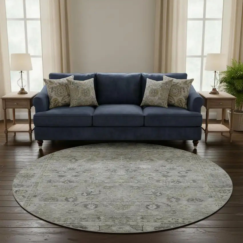 8' Pewter And Ivory Oriental Washable Round Rug With UV Protection Photo 2