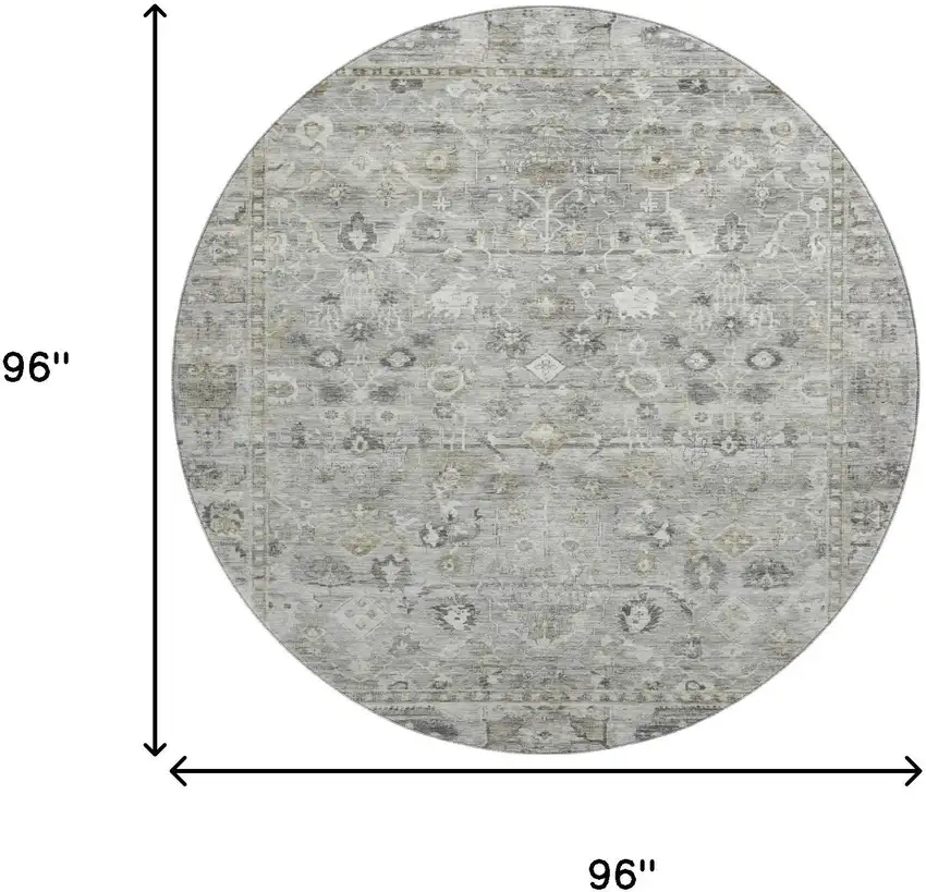 8' Pewter And Ivory Oriental Washable Round Rug With UV Protection Photo 9