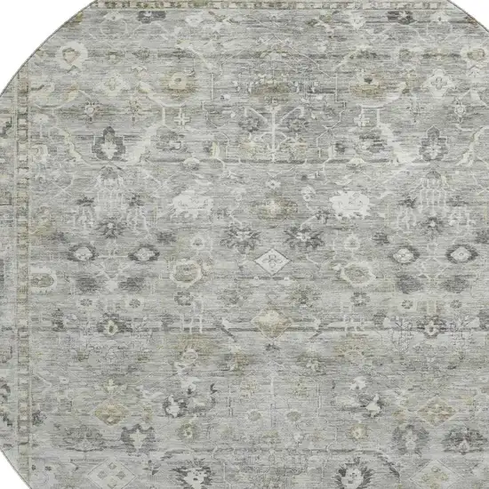 8' Pewter And Ivory Oriental Washable Round Rug With UV Protection Photo 2