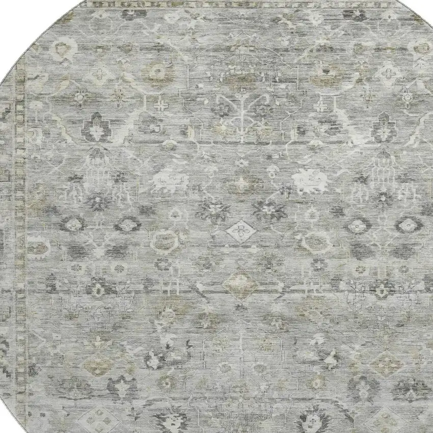 8' Pewter And Ivory Oriental Washable Round Rug With UV Protection Photo 2