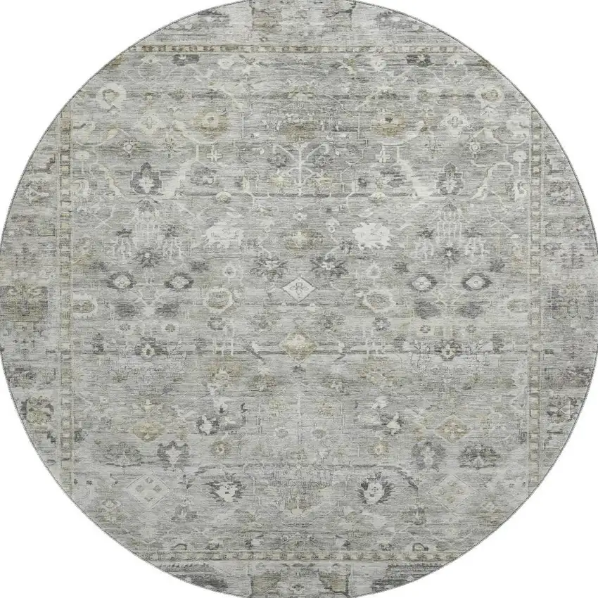8' Pewter And Ivory Oriental Washable Round Rug With UV Protection Photo 3