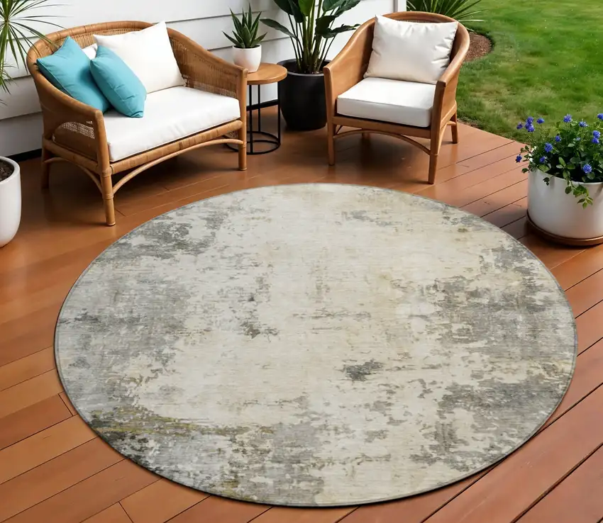 8' Pewter And Ivory Round Abstract Washable Indoor Outdoor Area Rug Photo 2