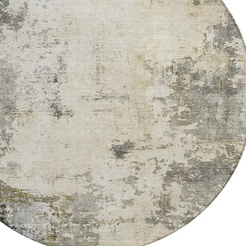 8' Pewter And Ivory Round Abstract Washable Indoor Outdoor Area Rug Photo 8