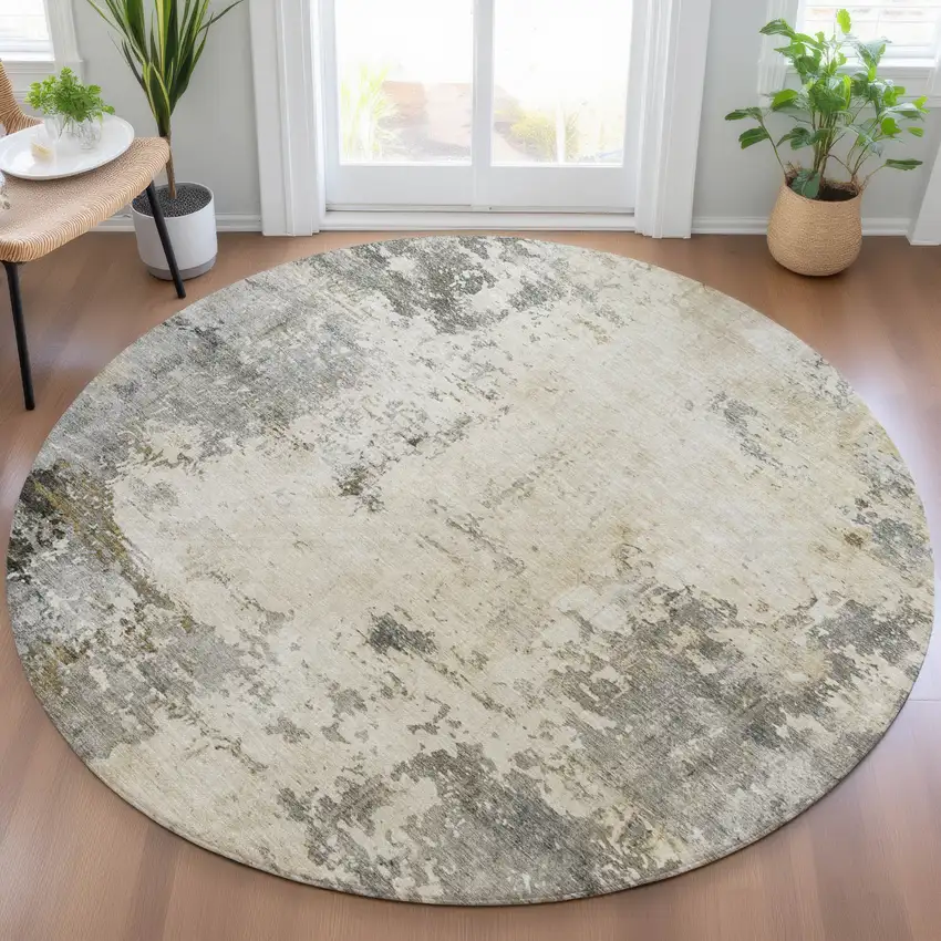 8' Pewter And Ivory Round Abstract Washable Indoor Outdoor Area Rug Photo 5