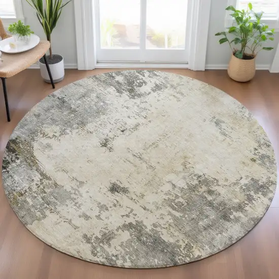 8' Pewter And Ivory Round Abstract Washable Indoor Outdoor Area Rug Photo 5