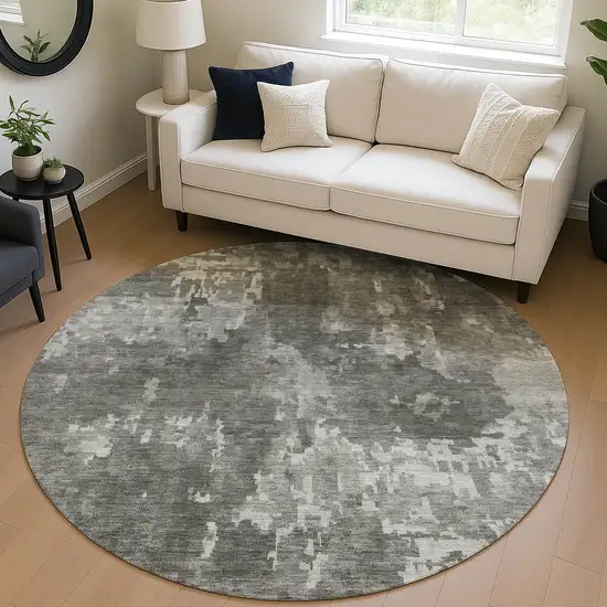 8' Pewter And Ivory Round Abstract Washable Indoor Outdoor Area Rug Photo 5