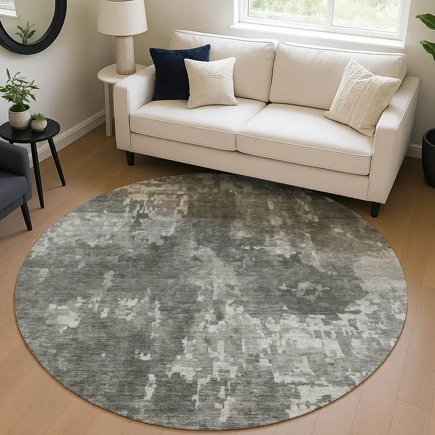 8' Pewter And Ivory Round Abstract Washable Indoor Outdoor Area Rug Photo 5
