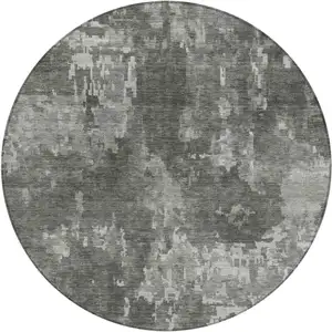 Photo of 8' Pewter And Ivory Round Abstract Washable Indoor Outdoor Area Rug