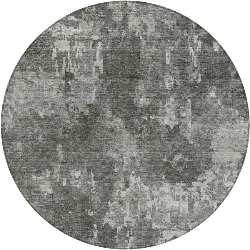8' Pewter And Ivory Round Abstract Washable Indoor Outdoor Area Rug Photo 1