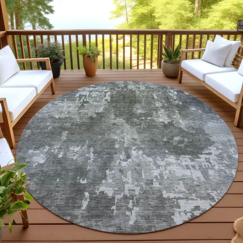 8' Pewter And Ivory Round Abstract Washable Indoor Outdoor Area Rug Photo 4