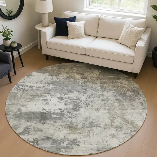 8' Pewter And Ivory Round Abstract Washable Indoor Outdoor Area Rug Photo 5