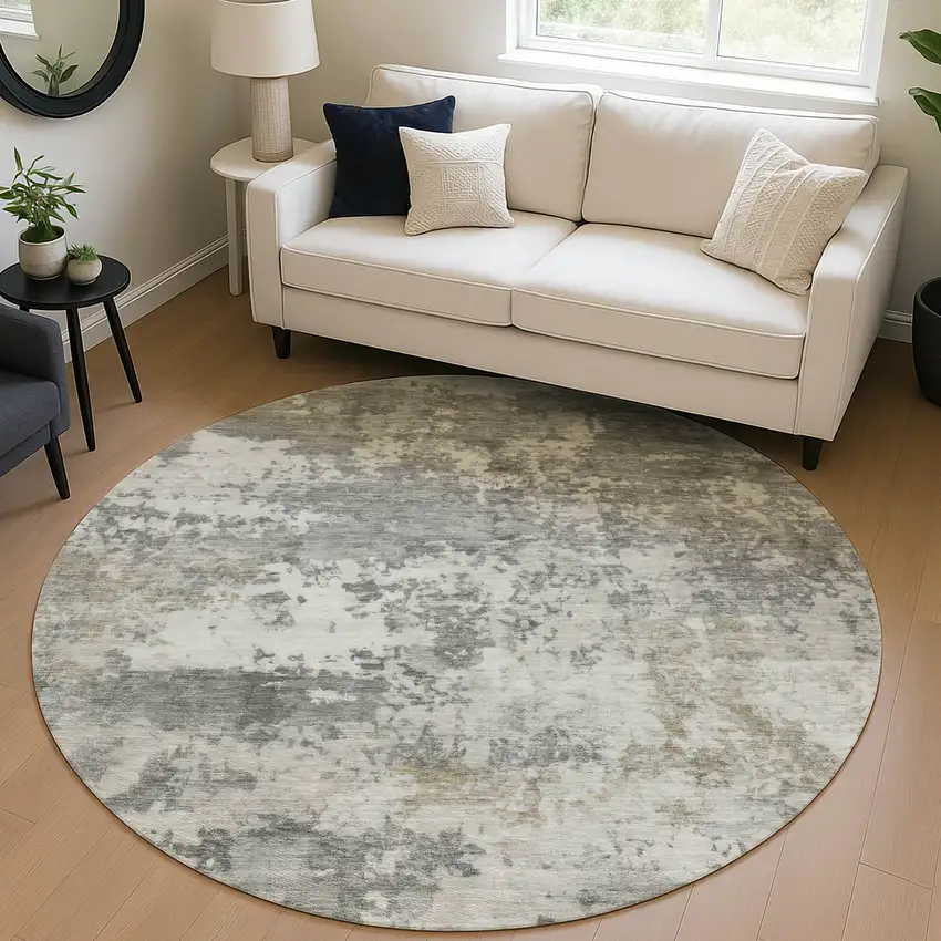 8' Pewter And Ivory Round Abstract Washable Indoor Outdoor Area Rug Photo 5