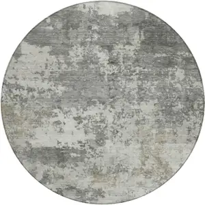 Photo of 8' Pewter And Ivory Round Abstract Washable Indoor Outdoor Area Rug