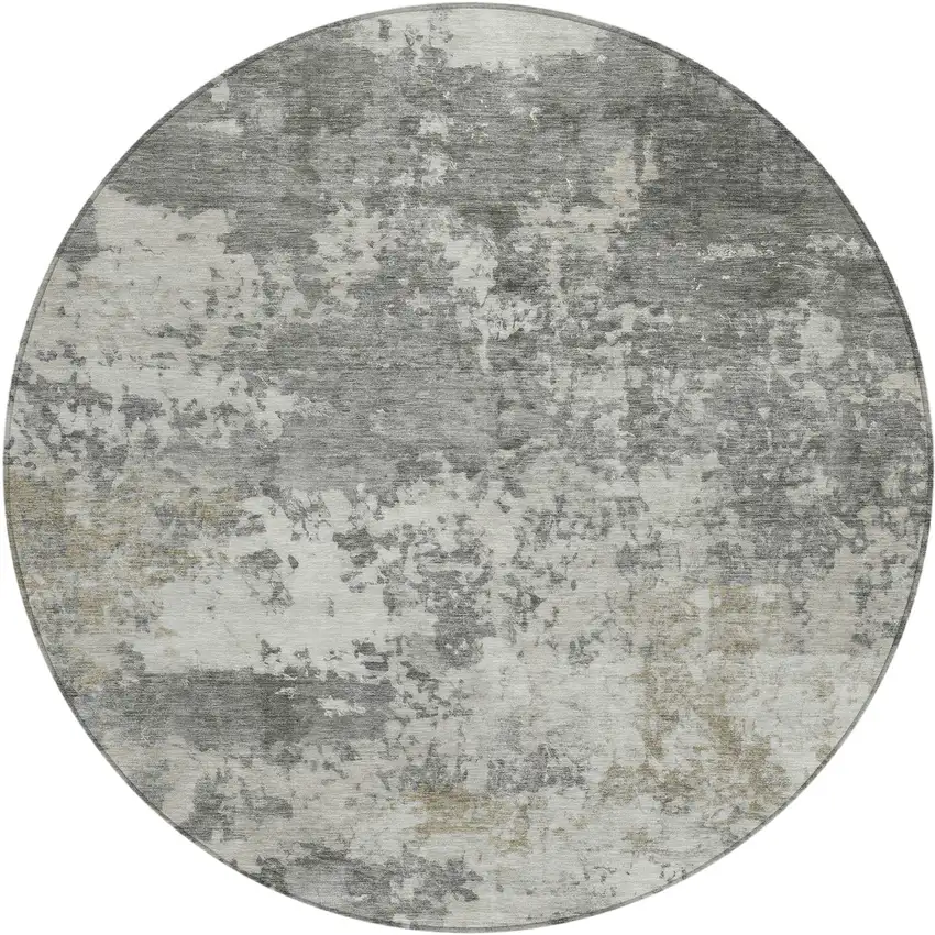 8' Pewter And Ivory Round Abstract Washable Indoor Outdoor Area Rug Photo 1