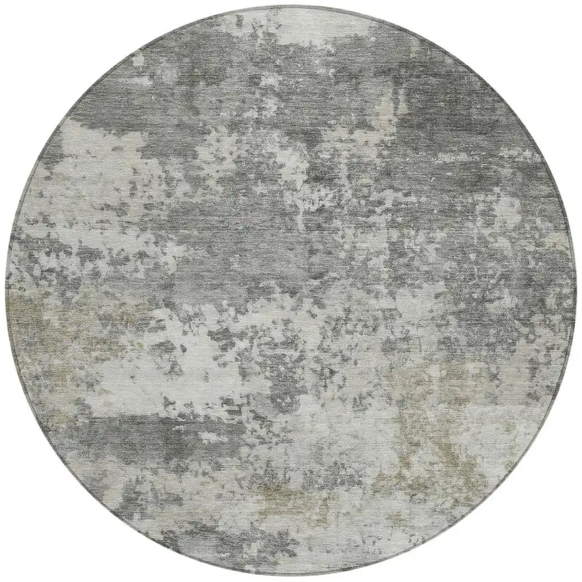 8' Pewter And Ivory Round Abstract Washable Indoor Outdoor Area Rug Photo 3