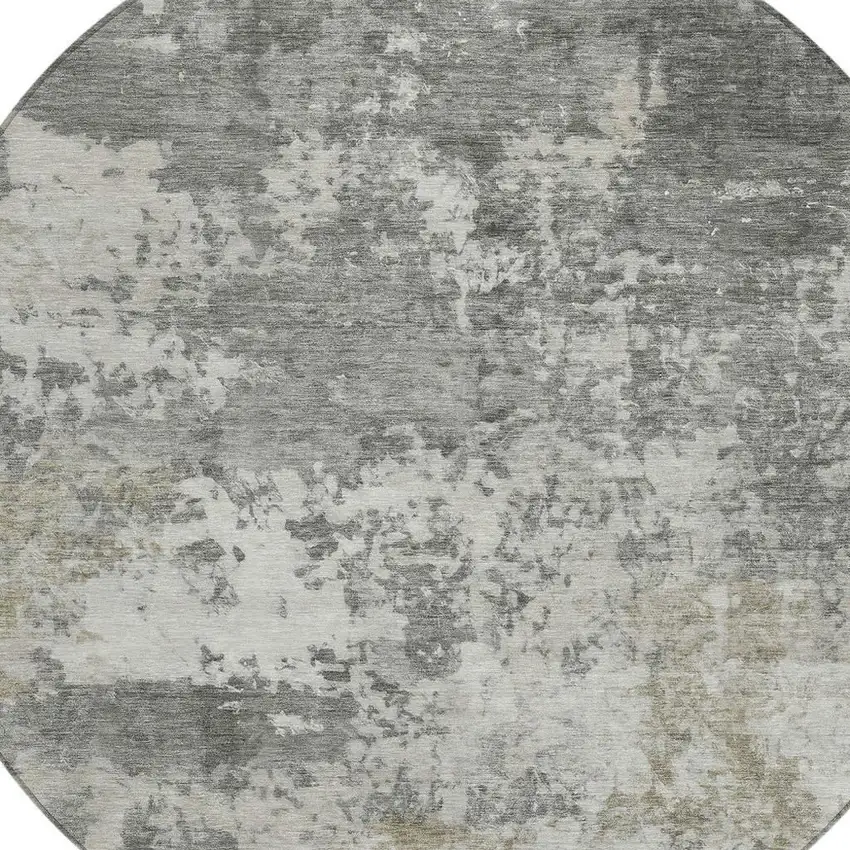 8' Pewter And Ivory Round Abstract Washable Indoor Outdoor Area Rug Photo 2