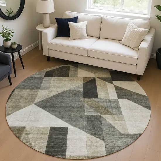 8' Pewter And Ivory Round Geometric Washable Indoor Outdoor Area Rug Photo 5