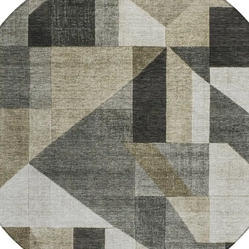 8' Pewter And Ivory Round Geometric Washable Indoor Outdoor Area Rug Photo 2