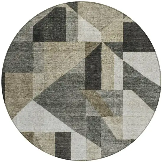 8' Pewter And Ivory Round Geometric Washable Indoor Outdoor Area Rug Photo 3