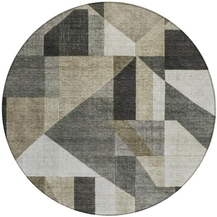 8' Pewter And Ivory Round Geometric Washable Indoor Outdoor Area Rug Photo 3