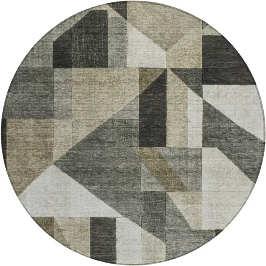 8' Pewter And Ivory Round Geometric Washable Indoor Outdoor Area Rug Photo 1
