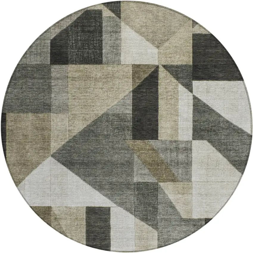 8' Pewter And Ivory Round Geometric Washable Indoor Outdoor Area Rug Photo 1