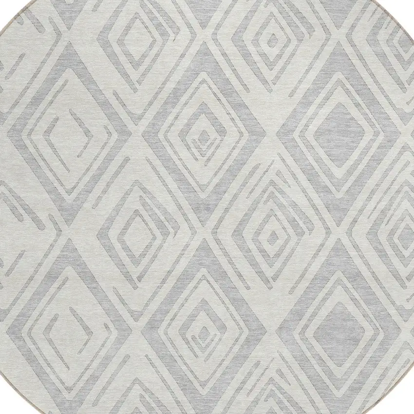 8' Pewter And Ivory Round Geometric Washable Indoor Outdoor Area Rug Photo 4
