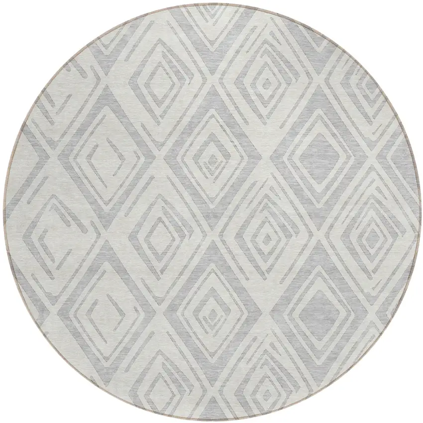 8' Pewter And Ivory Round Geometric Washable Indoor Outdoor Area Rug Photo 1