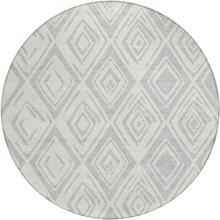 8' Pewter And Ivory Round Geometric Washable Indoor Outdoor Area Rug Photo 1