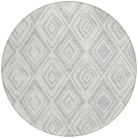 8' Pewter And Ivory Round Geometric Washable Indoor Outdoor Area Rug Photo 5