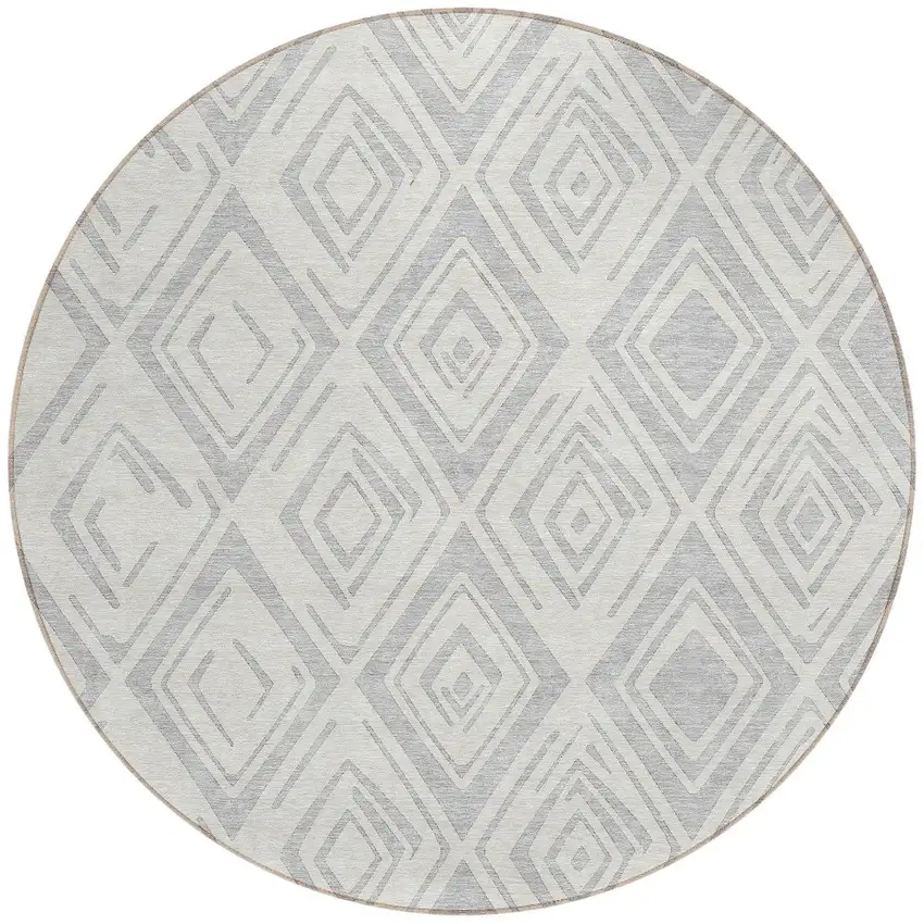 8' Pewter And Ivory Round Geometric Washable Indoor Outdoor Area Rug Photo 5