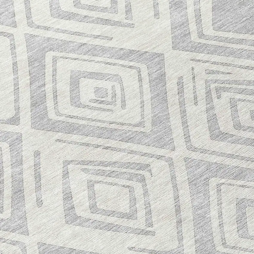 8' Pewter And Ivory Round Geometric Washable Indoor Outdoor Area Rug Photo 9